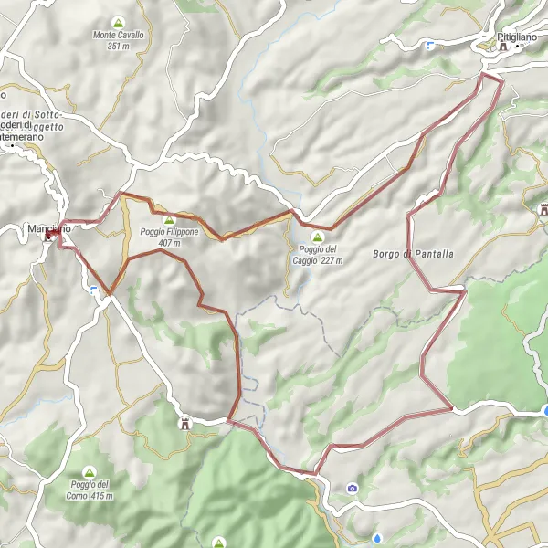 Miniatura della mappa di ispirazione al ciclismo "Emozionante circuito in Gravel verso Poggio Buco e Romitorio di Fontana Buia" nella regione di Toscana, Italy. Generata da Tarmacs.app, pianificatore di rotte ciclistiche