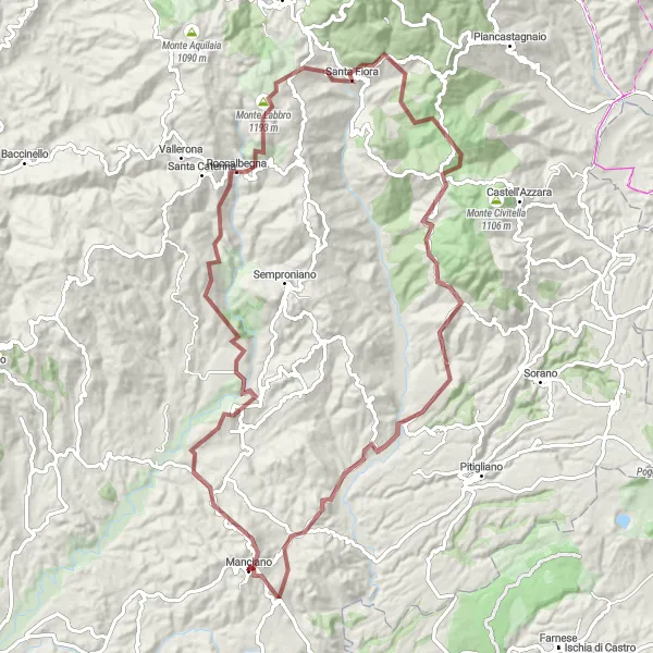 Miniatua del mapa de inspiración ciclista "Desafío en grava por Saturnia y Roccalbegna" en Toscana, Italy. Generado por Tarmacs.app planificador de rutas ciclistas
