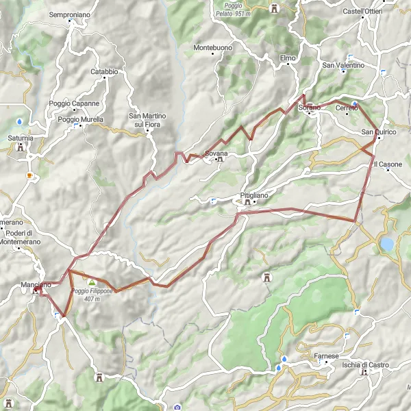 Map miniature of "Gravel Route through Sovana and Pitigliano" cycling inspiration in Toscana, Italy. Generated by Tarmacs.app cycling route planner