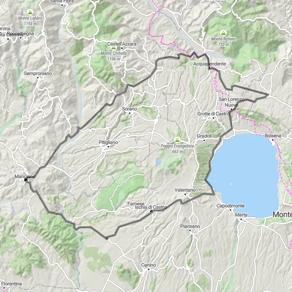 Miniatua del mapa de inspiración ciclista "Ruta Escénica por Etruscan Necropolis y Castel Giorgio" en Toscana, Italy. Generado por Tarmacs.app planificador de rutas ciclistas
