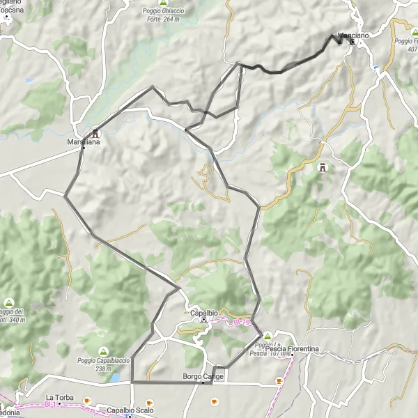 Miniaturní mapa "Trasa kolem Poggio San Lorenzo" inspirace pro cyklisty v oblasti Toscana, Italy. Vytvořeno pomocí plánovače tras Tarmacs.app