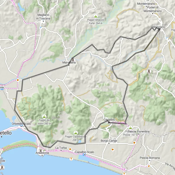Miniature de la carte de l'inspiration cycliste "Escapade Roadtrip au départ de Manciano" dans la Toscana, Italy. Générée par le planificateur d'itinéraire cycliste Tarmacs.app