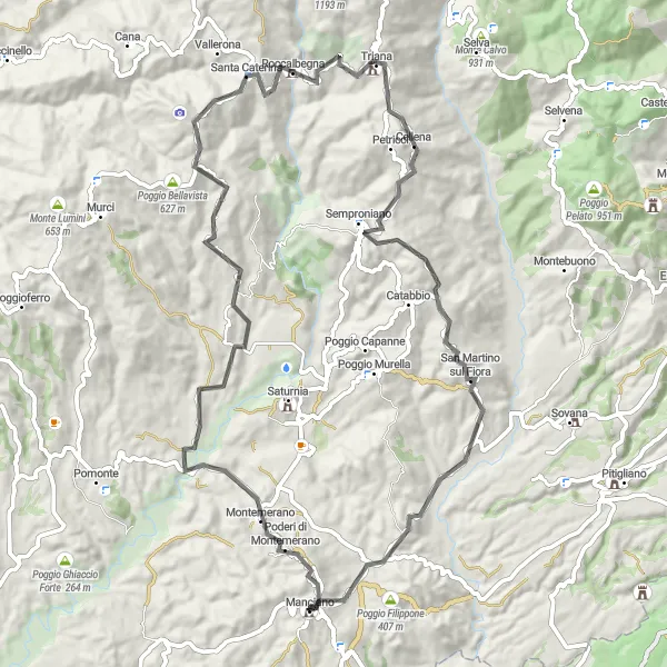 Miniature de la carte de l'inspiration cycliste "Tour de Toscane au départ de Manciano" dans la Toscana, Italy. Générée par le planificateur d'itinéraire cycliste Tarmacs.app