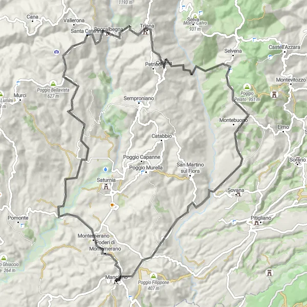 Kartminiatyr av "Manciano - Montemerano" cykelinspiration i Toscana, Italy. Genererad av Tarmacs.app cykelruttplanerare