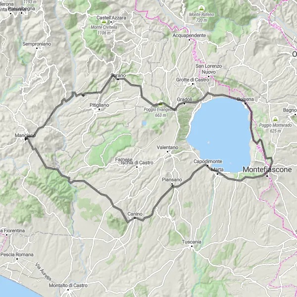 Miniature de la carte de l'inspiration cycliste "Épopée cycliste à travers les Vie Cave et Bolsena" dans la Toscana, Italy. Générée par le planificateur d'itinéraire cycliste Tarmacs.app