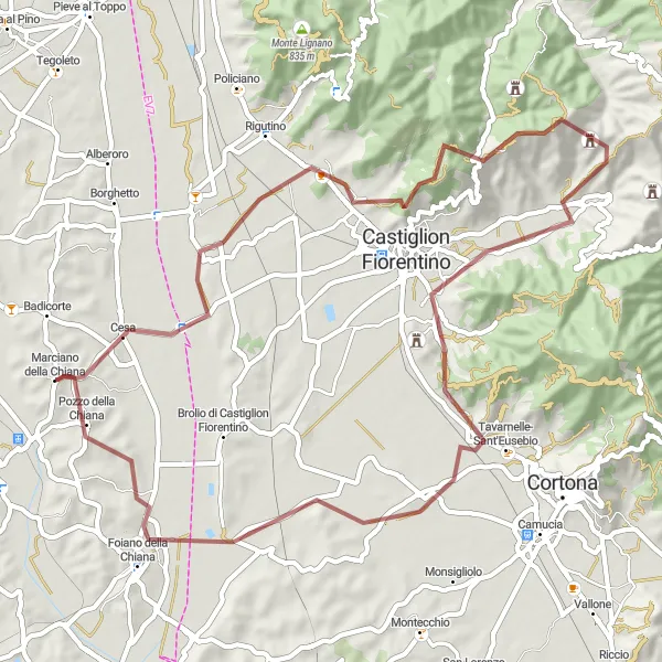Miniatuurkaart van de fietsinspiratie "Gravel route naar Monte Corneta" in Toscana, Italy. Gemaakt door de Tarmacs.app fietsrouteplanner