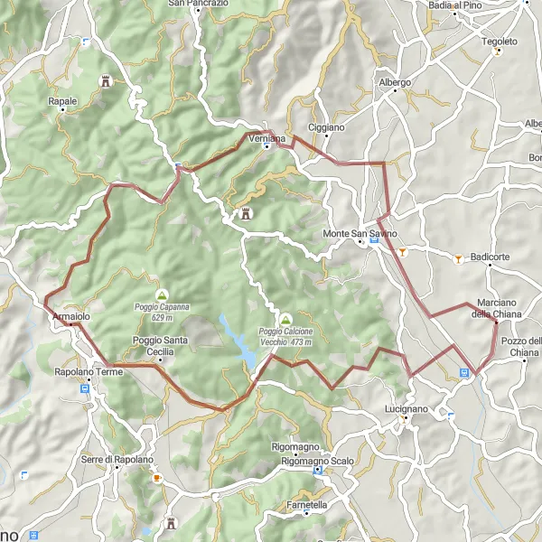 Miniatua del mapa de inspiración ciclista "Ruta de Grava a través de Poggio del Pozzo" en Toscana, Italy. Generado por Tarmacs.app planificador de rutas ciclistas