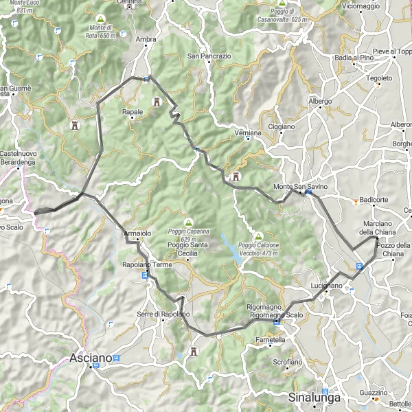 Mapa miniatúra "Road Cycling Adventure Through Tuscany" cyklistická inšpirácia v Toscana, Italy. Vygenerované cyklistickým plánovačom trás Tarmacs.app
