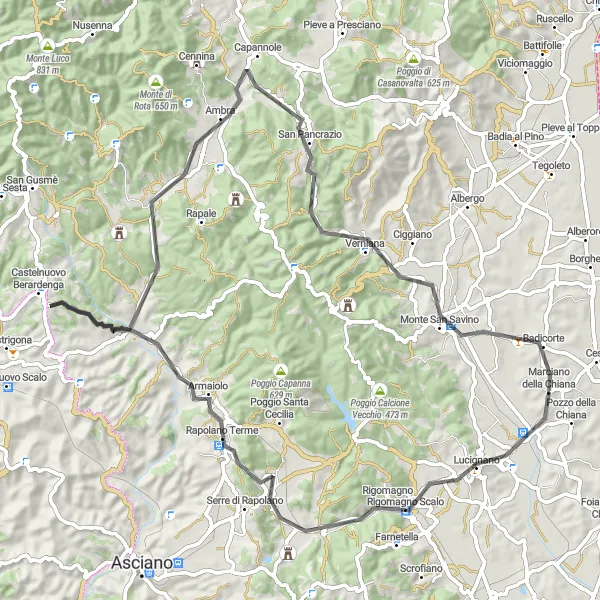 Zemljevid v pomanjšavi "Pot od Marciana della Chiana do Monte San Savino" kolesarske inspiracije v Toscana, Italy. Generirano z načrtovalcem kolesarskih poti Tarmacs.app