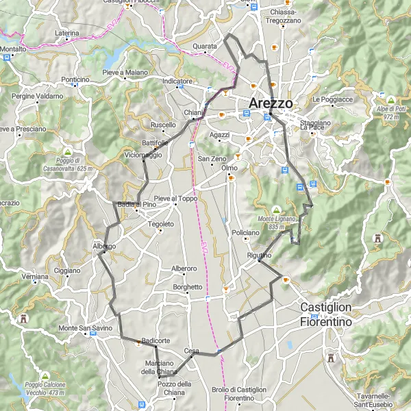 Karttaminiaatyyri "Historiallinen kierros Arezzoossa" pyöräilyinspiraatiosta alueella Toscana, Italy. Luotu Tarmacs.app pyöräilyreittisuunnittelijalla