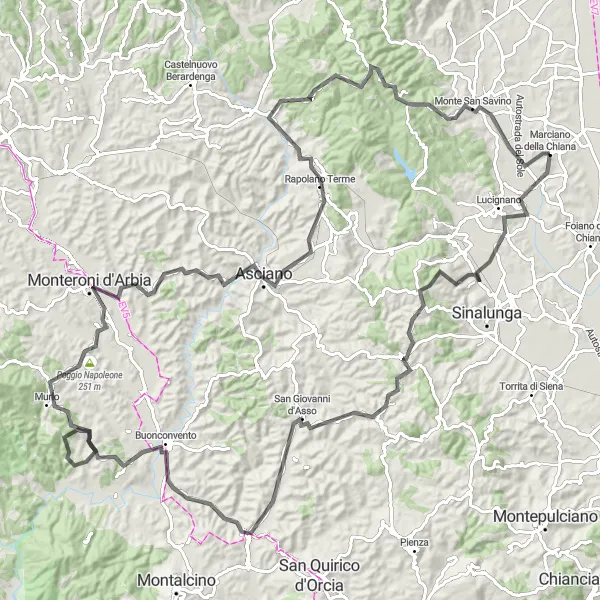 Miniatuurkaart van de fietsinspiratie "Weg route naar Monteroni d'Arbia" in Toscana, Italy. Gemaakt door de Tarmacs.app fietsrouteplanner