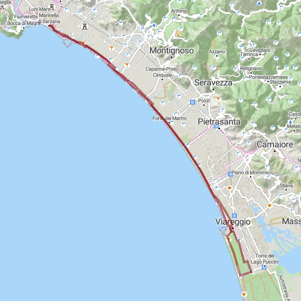Miniaturní mapa "Gravelová trasa přes Viareggio a Forte dei Marmi" inspirace pro cyklisty v oblasti Toscana, Italy. Vytvořeno pomocí plánovače tras Tarmacs.app