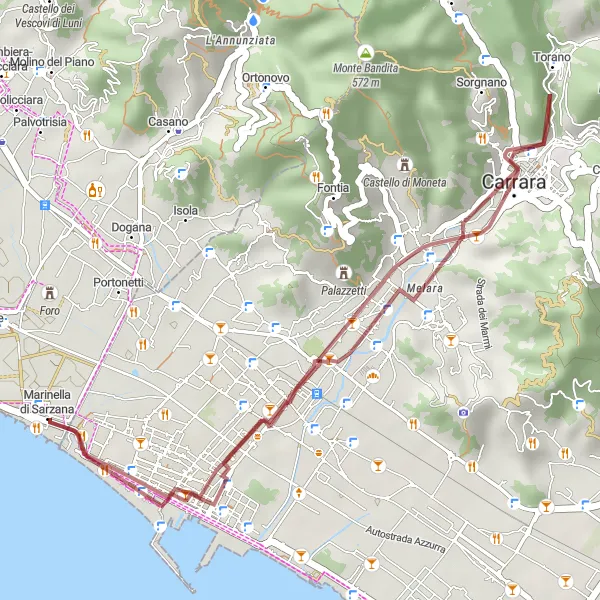 Map miniature of "Marinella di Sarzana to Belvedere Loop (Gravel)" cycling inspiration in Toscana, Italy. Generated by Tarmacs.app cycling route planner