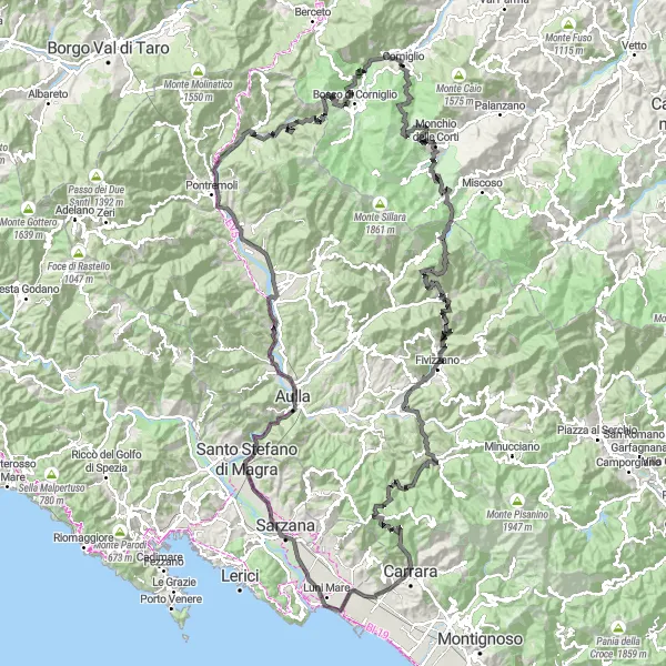 Map miniature of "Marina di Carrara Loop" cycling inspiration in Toscana, Italy. Generated by Tarmacs.app cycling route planner