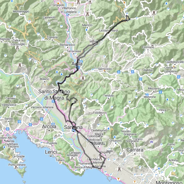 Miniatura della mappa di ispirazione al ciclismo "Giro in bicicletta da Marina di Carrara a Luni e ritorno" nella regione di Toscana, Italy. Generata da Tarmacs.app, pianificatore di rotte ciclistiche