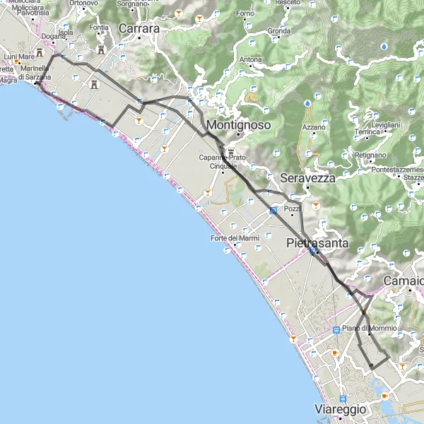 Miniatua del mapa de inspiración ciclista "Ruta de ciclismo de carretera cerca de Luni" en Toscana, Italy. Generado por Tarmacs.app planificador de rutas ciclistas