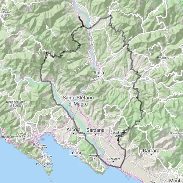 Miniatua del mapa de inspiración ciclista "Ruta de los Castillos y Montañas" en Toscana, Italy. Generado por Tarmacs.app planificador de rutas ciclistas