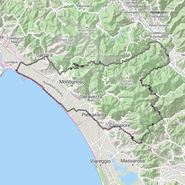 Map miniature of "Mountain Majesty Road Loop" cycling inspiration in Toscana, Italy. Generated by Tarmacs.app cycling route planner