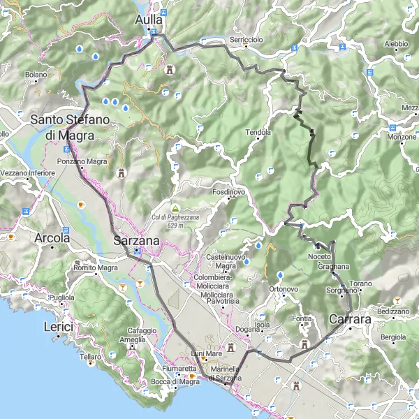 Map miniature of "Marinella di Sarzana to Anfiteatro romano di Luni Loop (Road)" cycling inspiration in Toscana, Italy. Generated by Tarmacs.app cycling route planner