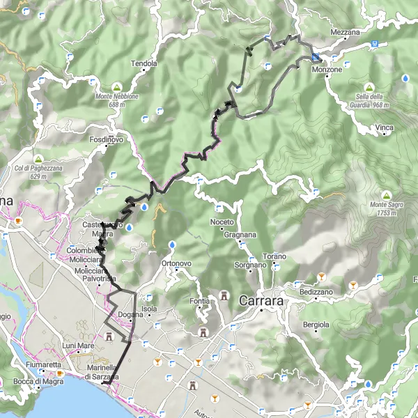 Karttaminiaatyyri "Kiemurteleva Carrara - Marinella di Sarzana -reitti" pyöräilyinspiraatiosta alueella Toscana, Italy. Luotu Tarmacs.app pyöräilyreittisuunnittelijalla