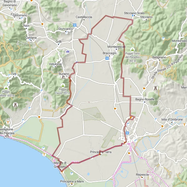 Map miniature of "Gravel Ride with a Historical Touch" cycling inspiration in Toscana, Italy. Generated by Tarmacs.app cycling route planner