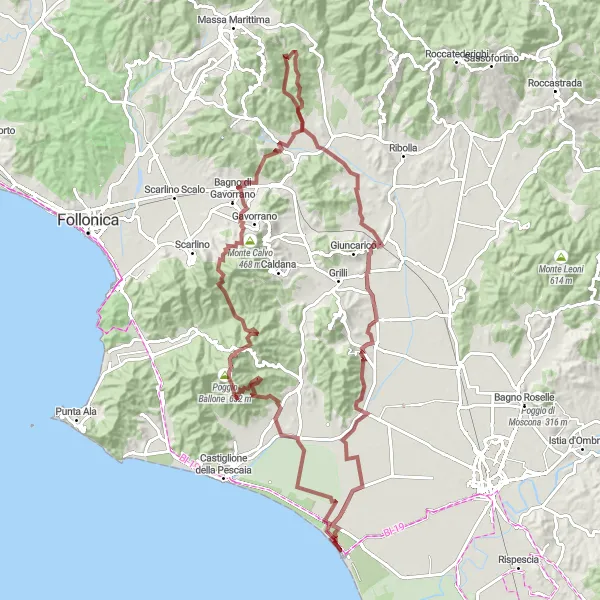 Miniatura della mappa di ispirazione al ciclismo "Tour Gravel delle Colline Maremmane" nella regione di Toscana, Italy. Generata da Tarmacs.app, pianificatore di rotte ciclistiche