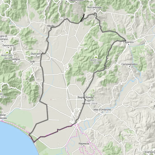 Miniatua del mapa de inspiración ciclista "Ruta en Carretera a través de la Maremma Toscana" en Toscana, Italy. Generado por Tarmacs.app planificador de rutas ciclistas