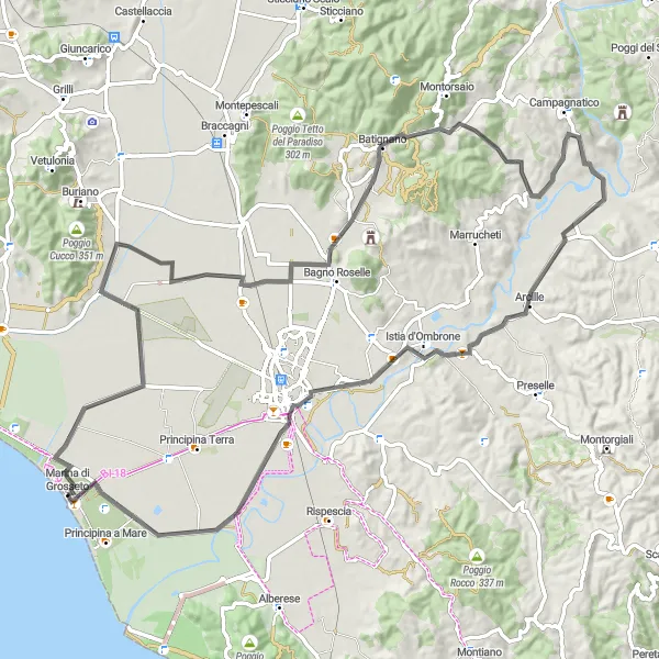 Miniatua del mapa de inspiración ciclista "Ruta en Carretera a través de Poggio Mosconcino" en Toscana, Italy. Generado por Tarmacs.app planificador de rutas ciclistas