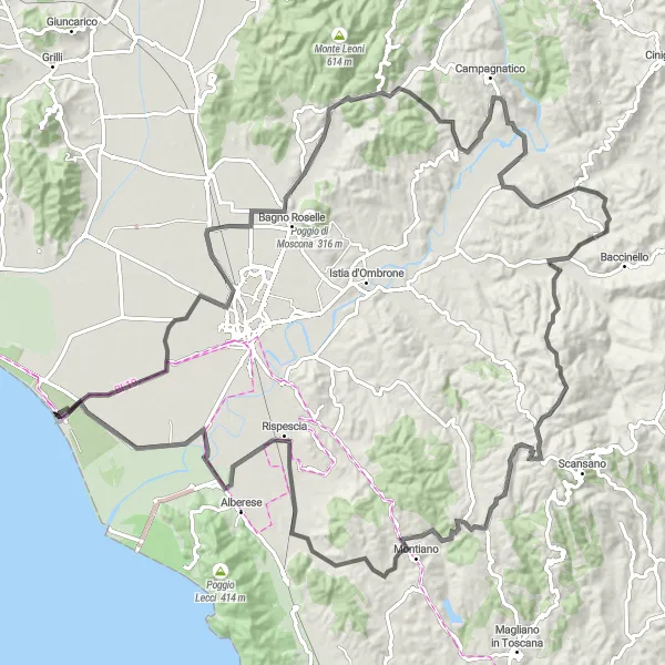 Miniatura mapy "Trasa rowerowa do Montiano" - trasy rowerowej w Toscana, Italy. Wygenerowane przez planer tras rowerowych Tarmacs.app