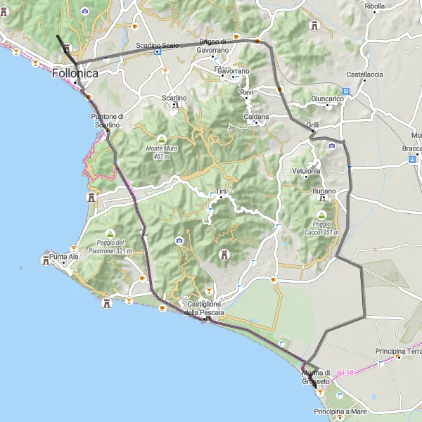 Map miniature of "Coastal Delight" cycling inspiration in Toscana, Italy. Generated by Tarmacs.app cycling route planner