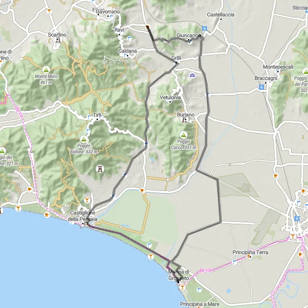 Miniaturní mapa "Road cyklotrasa Villa romana delle Paduline - Macchiascandona" inspirace pro cyklisty v oblasti Toscana, Italy. Vytvořeno pomocí plánovače tras Tarmacs.app