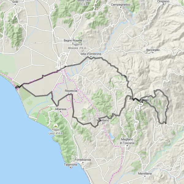 Zemljevid v pomanjšavi "Kolesarska pot San Martino - Rispescia" kolesarske inspiracije v Toscana, Italy. Generirano z načrtovalcem kolesarskih poti Tarmacs.app