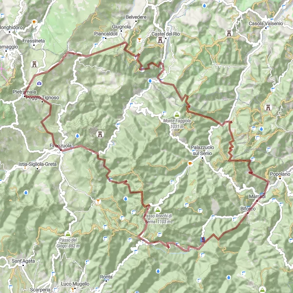 Miniatuurkaart van de fietsinspiratie "Uitdagende Tocht door de Apennijnen" in Toscana, Italy. Gemaakt door de Tarmacs.app fietsrouteplanner