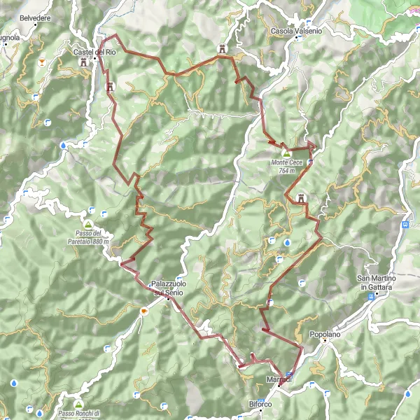 Mapa miniatúra "Gravelová cyklistická trasa po okolí Castel del Rio" cyklistická inšpirácia v Toscana, Italy. Vygenerované cyklistickým plánovačom trás Tarmacs.app