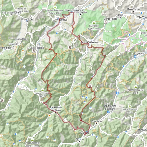 Miniatura della mappa di ispirazione al ciclismo "Giro in gravels da Marradi a Tagliatelle" nella regione di Toscana, Italy. Generata da Tarmacs.app, pianificatore di rotte ciclistiche