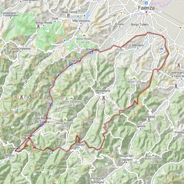 Miniatua del mapa de inspiración ciclista "Ruta de Grava de Marradi" en Toscana, Italy. Generado por Tarmacs.app planificador de rutas ciclistas