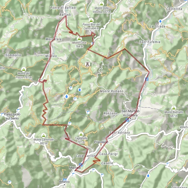 Miniatura della mappa di ispirazione al ciclismo "Giro in bicicletta tra Marradi e Monte della Valle" nella regione di Toscana, Italy. Generata da Tarmacs.app, pianificatore di rotte ciclistiche