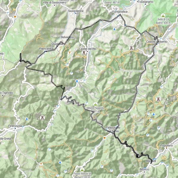 Miniaturní mapa "Úžasný okruh kolem Piancaldoli" inspirace pro cyklisty v oblasti Toscana, Italy. Vytvořeno pomocí plánovače tras Tarmacs.app