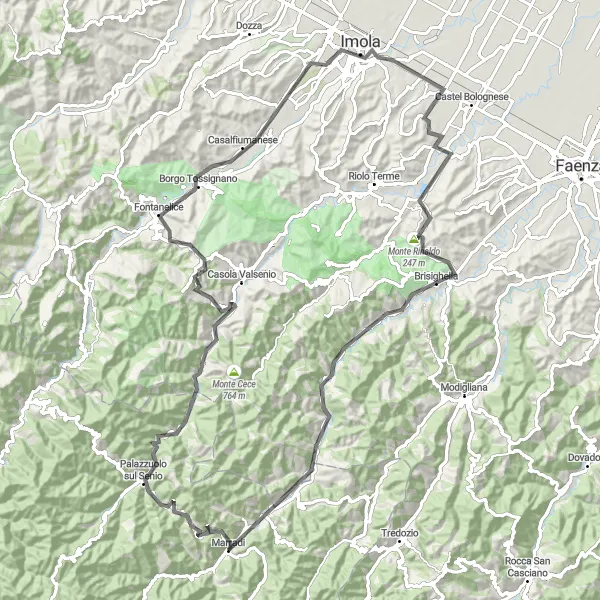 Miniatua del mapa de inspiración ciclista "Ruta Escénica en Bicicleta alrededor de Marradi" en Toscana, Italy. Generado por Tarmacs.app planificador de rutas ciclistas