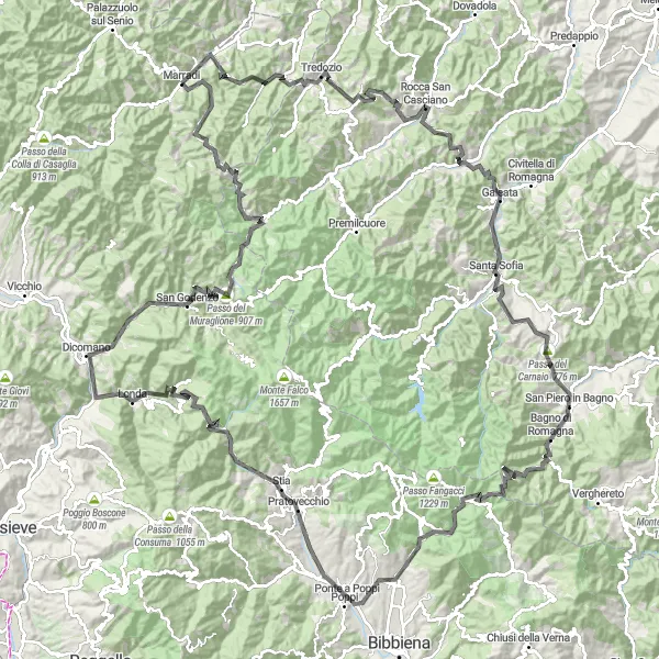 Miniatura della mappa di ispirazione al ciclismo "Avventura in bici da Marradi a Badia Prataglia" nella regione di Toscana, Italy. Generata da Tarmacs.app, pianificatore di rotte ciclistiche