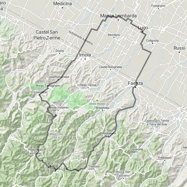 Miniatua del mapa de inspiración ciclista "Ruta en Carretera Monte Battaglia" en Toscana, Italy. Generado por Tarmacs.app planificador de rutas ciclistas