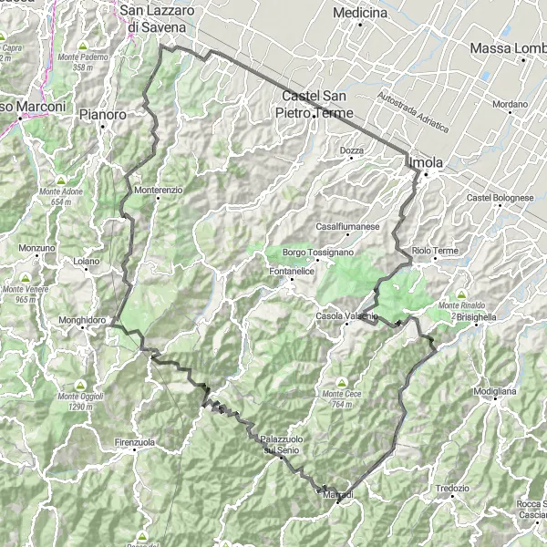 Zemljevid v pomanjšavi "Razgledi na Monte Bibele in Monte Cavare" kolesarske inspiracije v Toscana, Italy. Generirano z načrtovalcem kolesarskih poti Tarmacs.app