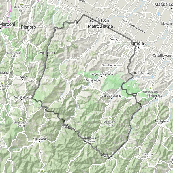 Miniatura della mappa di ispirazione al ciclismo "Tour delle vette toscane" nella regione di Toscana, Italy. Generata da Tarmacs.app, pianificatore di rotte ciclistiche