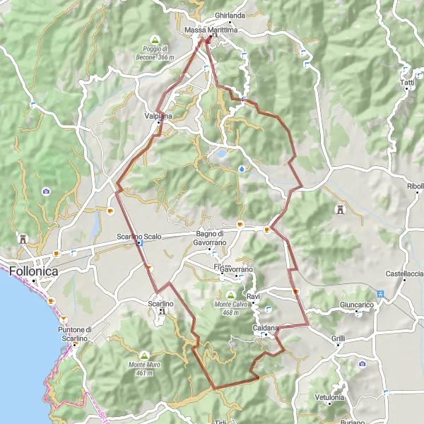 Zemljevid v pomanjšavi "Gorska avantura okoli Massa Marittime" kolesarske inspiracije v Toscana, Italy. Generirano z načrtovalcem kolesarskih poti Tarmacs.app