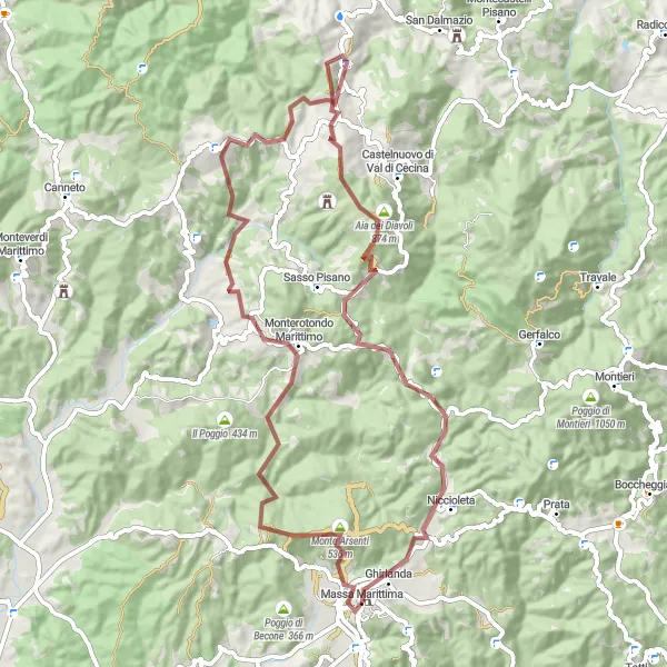 Miniatua del mapa de inspiración ciclista "Ruta de Grava a través de Monte Arsenti" en Toscana, Italy. Generado por Tarmacs.app planificador de rutas ciclistas