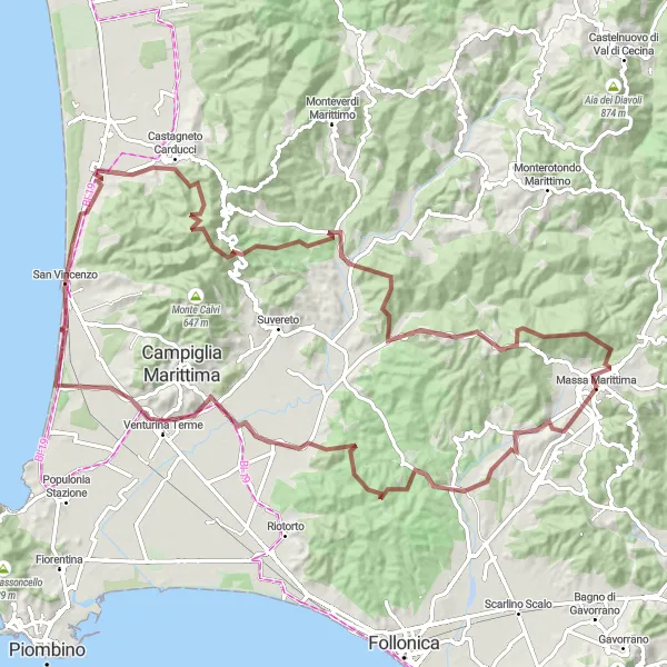 Map miniature of "Challenging Gravel Expedition: Coastal Marvels and Thermal Springs" cycling inspiration in Toscana, Italy. Generated by Tarmacs.app cycling route planner