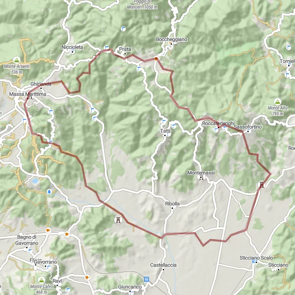 Map miniature of "Giro delle Colline di Massa Marittima" cycling inspiration in Toscana, Italy. Generated by Tarmacs.app cycling route planner