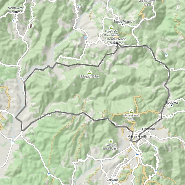 Kartminiatyr av "Kystveien: Massa Marittima Loop" sykkelinspirasjon i Toscana, Italy. Generert av Tarmacs.app sykkelrutoplanlegger