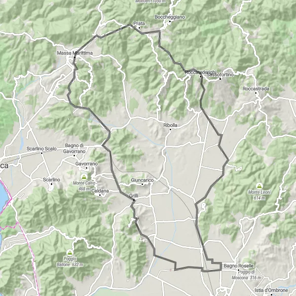 Miniatura della mappa di ispirazione al ciclismo "Il Giro delle Colline Metallifere" nella regione di Toscana, Italy. Generata da Tarmacs.app, pianificatore di rotte ciclistiche