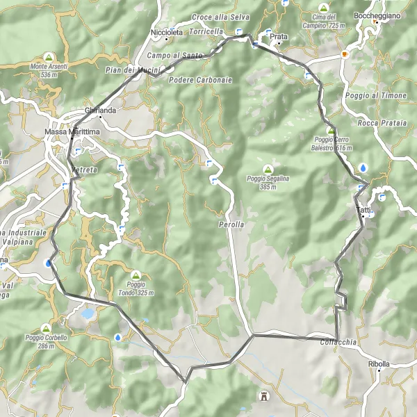 Kartminiatyr av "Massa Marittima - Tatti Loop" sykkelinspirasjon i Toscana, Italy. Generert av Tarmacs.app sykkelrutoplanlegger